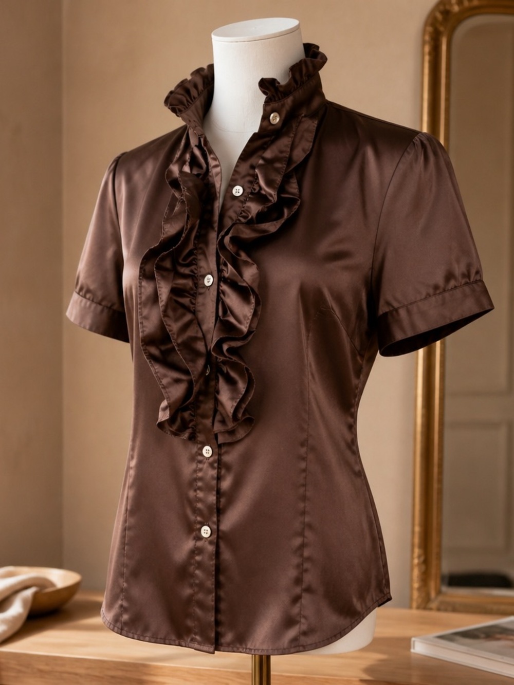 Pink Tartan Brown Ruffled Short-Sleeve Button-Down Blouse Sz 12 p2p: 22” - Picture 4 of 5